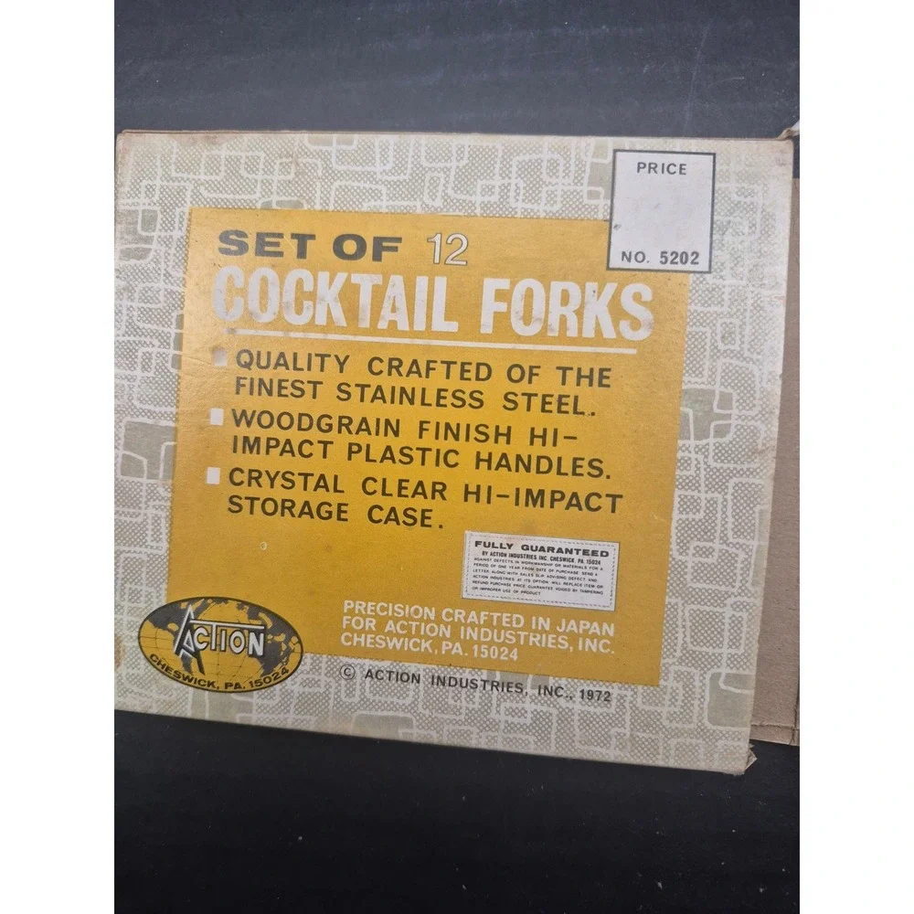 Vintage Action Industries 12 Cocktail Forks Stainless Woodgrain Japan 5202